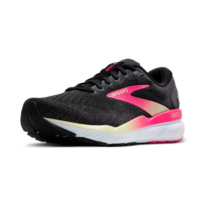 Brooks Ghost 16 Womens Running Shoes | Black/pink/yellow front