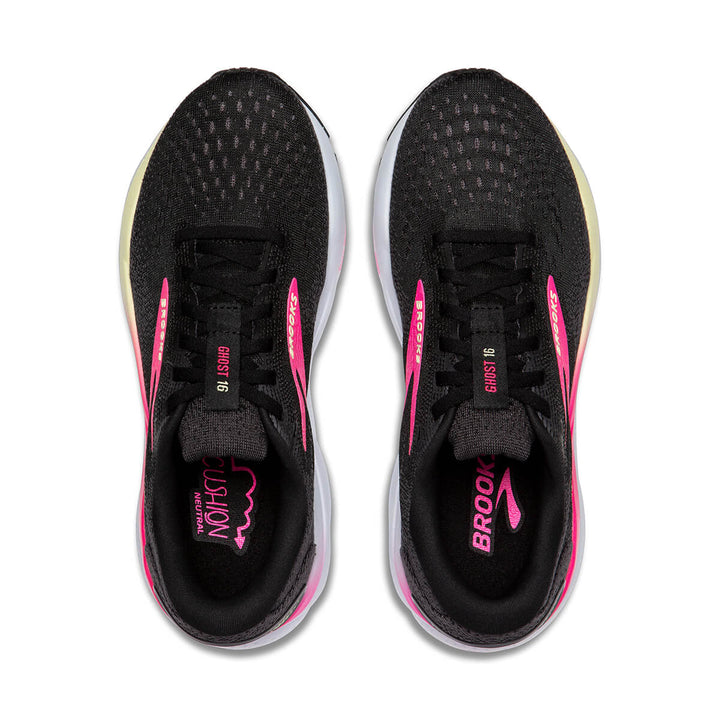 Brooks Ghost 16 Womens Running Shoes | Black/pink/yellow top