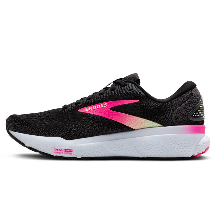 Brooks Ghost 16 Womens Running Shoes | Black/pink/yellow side