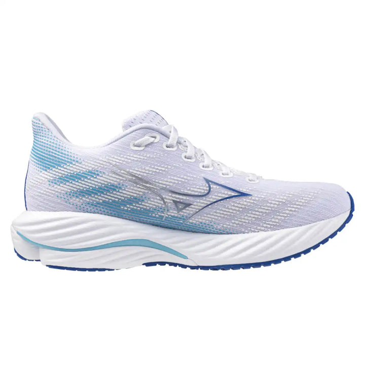 Mizuno Wave Rider 28 Womens | White/mugen Blue/river Blue medial